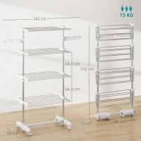 HOMCOM Mobiler Wäscheständer mit Rollen, 4 Ebenen, klappbar, Edelstahl, rostfrei, weiß+silber, 142 x 55 x 172 cm(m-3)