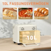 HOMCOM mini-oven met hetelucht, 10 liter airfryer, compacte oven met 60-minuten timer en binnenverlichting, 80-230℃, 3 insteekniveaus, vaatwasserbestendig accessoire, 1000W, crème wit(m-4)