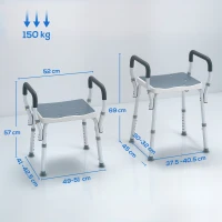 HOMCOM Taburet pentru Duș Reglabil cu Brațe și Orificii de Drenaj, din Aluminiu, HDPE și EVA, 52x45x57-69 cm(m-3)