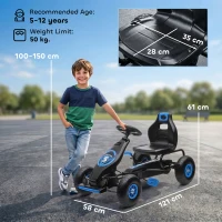 HOMCOM Go Kart a Pedali per Bambini da 5-12 Anni con Sedile Regolabile e Ruote in Gonfiabili, Blu(m-3)