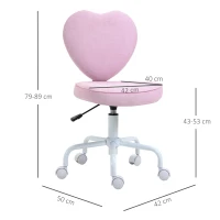 HOMCOM Scaun pentru Birou în Formă de Inimă cu 5 Roți și Înălțime Reglabilă din Material Textil Roz, 42x50x79-89cm(m-3)