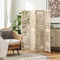 HOMCOM 4 Panel Privacy Screens, Detachable Folding Room Divider with Palm Leaf Design for Home Office, Natural Wood Finish(m-2)