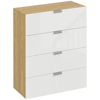 HOMCOM Cómoda con 4 Cajones de Alto Brillo Cajonera de Madera para Dormitorio Salón Oficina 70x35x92 cm Blanco y Natural(m-1)