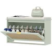 HOMCOM Banc à chaussures, banc de rangement, assise rembourrée, tiroir rabattable, porte en rotin, 80 x 26 x 47,5 cm, vert(m-13)