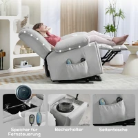 HOMCOM Elektrische TV Fauteuil met Opsta-hulp Relaxfauteuil met Lig-, Warmte- en Massagefunctie Massagesessel met Afstandsbediening Bekerhouder Zijvak USB Pocketvering Fluweel Lichtgrijs(m-9)