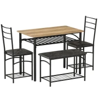 HOMCOM 4-teiliges Essgruppen-Set, industrieller Küchentisch mit 2 Stühlen und Bank für 4 Personen, gepolsterte PU-Leder-Sitze, Braun(m-1)