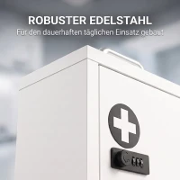 HOMCOM Medizinschrank zur Wandmontage mit Zahlenschloss, 2-stufiger Erste-Hilfe-Schrank aus Edelstahl, Weiß(m-6)