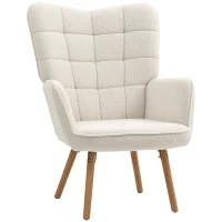 HOMCOM Modern Accent Chair, Upholstered High Back Armchair with Tufted Wingback, Seat Padding, Teddy Fleece Leisure Lounge Bedroom Chair with Wood Legs, Cream White(m-1)