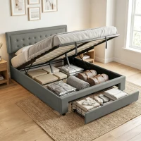 HOMCOM PU Leather King Size Ottoman Bed Frame, with Front Drawer - Grey(m-2)