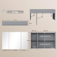 kleankin Wandmontierter Badezimmerspiegelschrank, Medizinschrank mit 3 Türen, Verstellbare Einlegeböden, Grau(m-3)