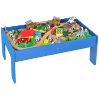 AIYAPLAY Spieltisch, 108-teiliges Eisenbahn-Set aus Holz, mit abnehmbarer Tischplatte, Eisenbahntisch, 98x60,5x40 cm, Blau(m-12)