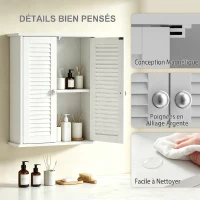 HOMCOM Armoire murale de salle de bain, meuble de rangement suspendu avec 2 portes persiennes et étagère réglable, blanc(m-7)