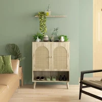 HOMCOM Dulap Multifuncțional în Stil Boho cu Uși din Ratan și Raft Deschis, 80x38x100cm, Stejar(m-8)