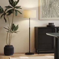 HOMCOM Stehlampe mit Fernbedienung, höhenverstellbar, Stoffschirm, Metallständer, anpassbare Helligkeit, Fußschalter, Schwarz(m-7)