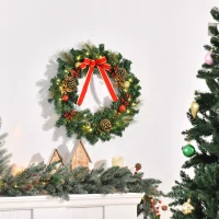 HOMCOM 60cm Pre-Lit Artificial Christmas Door Wreath Holly LED Decor Pine Cones Hanging Glittered Festival Indoor Decoration(m-7)