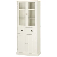 HOMCOM Alacena de Cocina Aparador Alto de Comedor con Vitrina Cajón y Armario con Puertas 76x40x182,5 cm Crema(m-12)