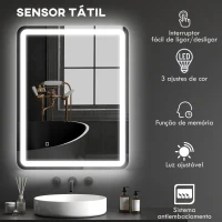 HOMCOM Espelho Casa de Banho com Luzes LED 70x90 cm Função Antiembaciamento 3 Temperaturas de Cor Ajustável e Função de Memória Prata(m-5)