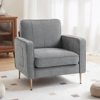 HOMCOM Fauteuil en tissu avec pieds en acier doré, grand confort, pochettes latérales, pour salon, bureau, chambre, gris(m-9)