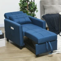 HOMCOM Fotoliu Pat Single Reclinabil pe 3 Niveluri cu Pernă și 2 Buzunare Laterale, 69x82x85cm, Albastru(m-2)