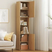 HOMCOM Colonna da Bagno Slim 6 Ripiani, 2 Ante, Scomparti Aperti, Ripiano in Vetro Temperato, Ripiani Regolabili, Rovere(m-8)