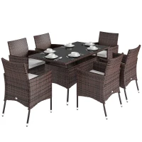 Outsunny 7 tlg. Polyrattan Gartenmöbel Rattan Gartenset Sitzgruppe Garnitur Essgruppe inkl. Kissen 6 Personen Braun+Creamweiß 150 x 80 x 74 cm(m-12)