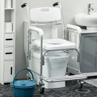 HOMCOM Sedia Comoda con Ruote per Anziani 3 in 1, Sedia per WC in Alluminio con Secchio Rimovibile, Bianco(m-9)