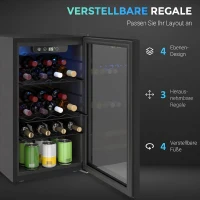 HOMCOM Weinkühlschrank 24 Flaschen, 68 Liter Kapazität, 4–16 °C Standgerät für Getränke, Bier und Wein mit Glas-Tür, Schwarz(m-6)
