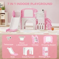 AIYAPLAY 7 in 1 Toddler Slide Set with Basketball Hoop, Climbing Frame, Telescope, Drawing Board, Storage Box, Pink(m-4)