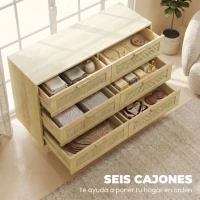HOMCOM Cómoda para Dormitorio con 6 Cajones con Frontal de Ratán Patas de Madera Cajonera Estilo Bohemio 110x40x75 cm Roble(m-4)