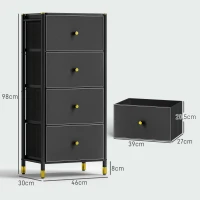 HOMCOM Cajonera de Tela con 4 Cajones Plegables con Frentes de PU y Marco de Acero Cajonera para Dormitorio Salón Negro(m-3)