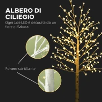 HOMCOM Albero Luminoso di Ciliegio con 180 Luci LED Alto 180 cm e 3 Livelli di Luminosità per Interni ed Esterni, Bianco(m-5)