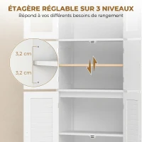 HOMCOM Meuble de salle de bain haut, meuble de rangement avec 6 portes dont 2 vitrées et 2 persiennes, étagère réglable, blanc(m-5)
