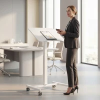 HOMCOM Bureau Debout Réglable en Hauteur, Plateau Inclinable, Roulettes et Cadre en Acier, 60,5 x 52 x 75-114 cm, Blanc(m-10)