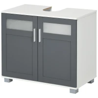kleankin Mueble para Debajo del Lavabo Armario de Baño Bajo Lavabo con 2 Puertas de Vidrio Templado 69x35x59 cm Blanco y Gris(m-12)