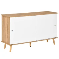 HOMCOM Aparador de Cocina con 2 Puertas Correderas Estantes Ajustables y Patas de Madera 130x40x74,5 cm Natural y Blanco(m-11)
