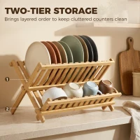 HOMCOM Kitchen Storage Unit, 2-Tier Foldable Kitchen Storage Rack with Slatted Draining Shelves, Natural Wood Finish(m-6)
