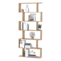 HOMCOM Bookcase, 6 Tier Shelf S Shaped Bookshelf, Storage Unit, Display Shelf for Living Room, Bedroom, Home Office, Plant, Oak(m-7)