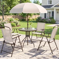 Outsunny Ensemble Salon de Jardin 6 pcs - Table Ronde + 4 chaises Pliables + Parasol - Acier époxy café textilène Polyester Beige(m-10)