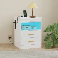 HOMCOM Nachttisch, Beistelltisch mit Ladestation und RGB-LED-Beleuchtung, Hochglanz Weiß(m-9)