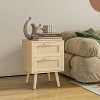 HOMCOM Mesita de Noche Estilo Cannage Mesilla de Noche con 2 Cajones y Patas de Madera para Salón Dormitorio 40x40x56cm Natural(m-10)