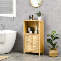 HOMCOM Armario Auxiliar de Baño de Bambú con 2 Puertas Compartimiento Abierto y Estante Ajustable 50x25,5x92 cm Natural(m-10)