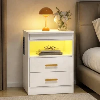 HOMCOM Nachttisch, Beistelltisch mit Ladestation und RGB-LED-Beleuchtung, Hochglanz Weiß(m-8)