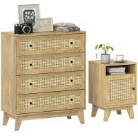 HOMCOM Chest of Drawer with 4 Rattan Drawers, Beside Table with Door, Natural(m-1)