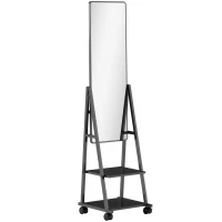 HOMCOM Oglindă Verticală de Podea cu 2 Rafturi și 4 Roți, din Oțel și Lemn, 42x37x155 cm, Negru(m-1)