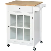 HOMCOM Küchenwagen Küchenrollwagen Servierwagen mit Räder Schublade Weinablage MDF Gummiholz Weiß+Eiche 67 x 48 x 86,5 cm(m-7)