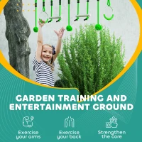 AIYAPLAY 7-Piece Kids Zip Line Kit for Garden, 10m Kids Slackline Kit with Wooden Monkey Bars, Metal Rings, Gripping Balls, Green(m-6)