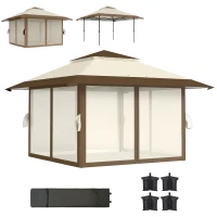 Outsunny 4 x 4 m Garten-Pavillon, Gartenzelt mit Netzwänden, UPF50+ Schutz, Höhenverstellbares Partyzelt, Beige(m-11)