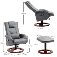 HOMCOM Massagestoel met hocker, ligfunctie, afstandsbediening, draaibaar, lederlook, tot 150 kg, donkergrijs(m-3)