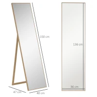 HOMCOM Miroir rectangulaire sur pied miroir de sol pour vestiaire salon salle de bain couloir 40 x 35 x 147 cm naturel(m-3)