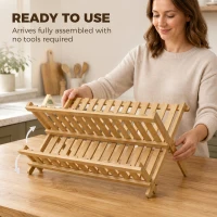 HOMCOM Kitchen Storage Unit, 2-Tier Foldable Kitchen Storage Rack with Slatted Draining Shelves, Natural Wood Finish(m-7)